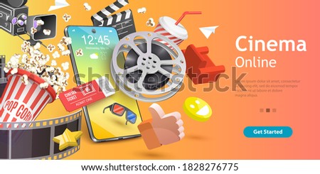 3D Vector Conceptual Illustration of Mobile Cinema, Online Movie App, Cinematography and Filmmaking, Ticket Ordering.
