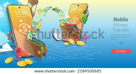 3D Vector Conceptual Illustration of Mobile Money Transfer, Global Financial Transactions