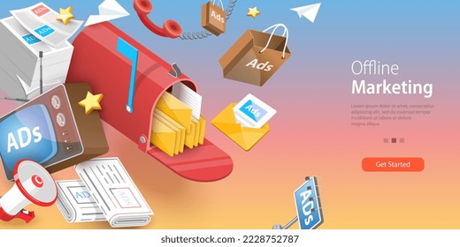 3D Vector Conceptual Illustration of Offline Marketing, Outbound Advertising Approach