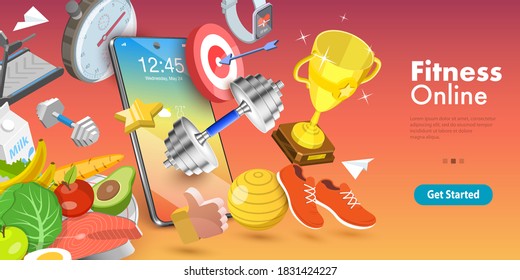 3D Vector Conceptual Illustration of Online Workout Classes, Personal Fitness Coach, Training with Virtual Instructor, Mobile App for Exercising at Home During Quarantine.
