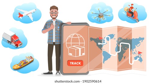 Ilustración conceptual de vectores 3D de seguimiento de entrega en línea, logística y transporte inteligentes, entrega rápida de carga.