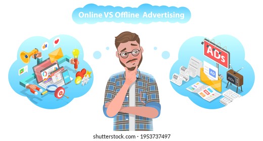 3D Vector Conceptual Illustration of Online vs Offline Advertising.