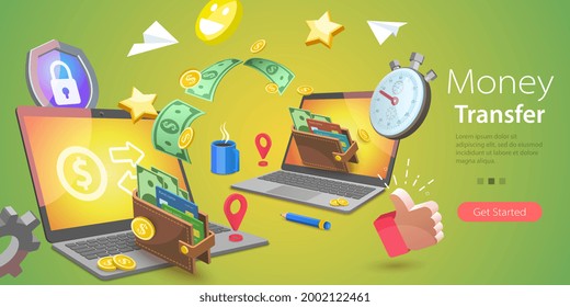 3D Vector Conceptual Illustration of Online Money Transfer, Financial Transaction and Digital Banking