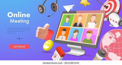 3D Vector Conceptual Illustration of Online Video Meeting, Remote Working From Home