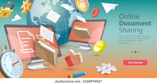 3D Vector Conceptual Illustration Of Online Document Sharing, Cloud Data Storage Service