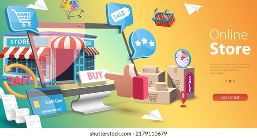 3D Vector Conceptual Illustration of Online Store, Digital Shopping and Delivery
