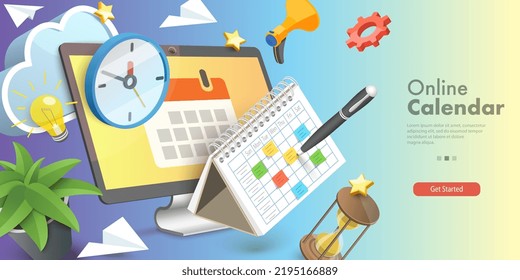 3D Vector Conceptual Illustration of Online Calendar, Digital Appointment Scheduling