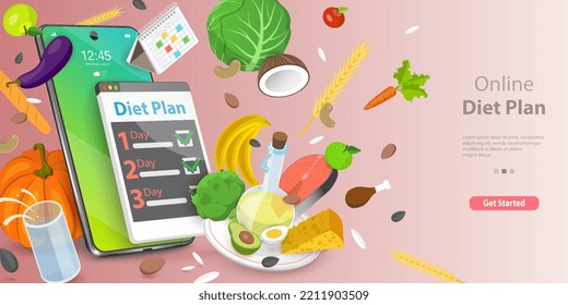 3D Vector Conceptual Illustration of Online Diet Plan, Fitness Nutrition App