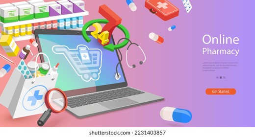 3D Vector Conceptual Illustration of Online Pharmacy, Digital Drug Store