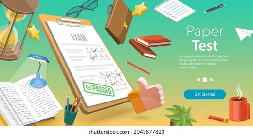 3D Vector Conceptual Illustration of Paper Test, Exam Sheet with Grade Results