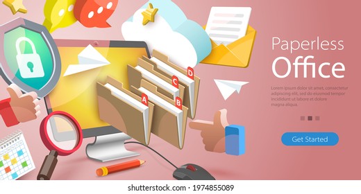 3D Vector Conceptual Illustration of Paperless Office, Document Management System, Searching Files in Organized Archive.