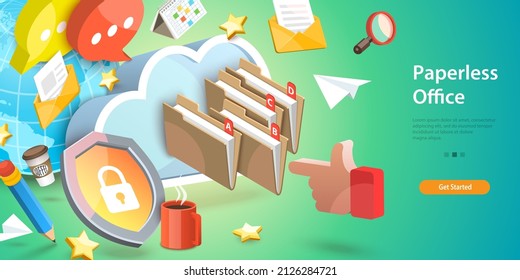 3D Vector Conceptual Illustration Of Paperless Office, Ditital Document Management System