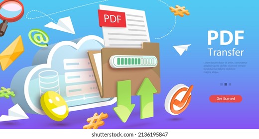 3D Vector Conceptual Illustration Of PDF File Downloading Or Uploading, Online Document Sharing