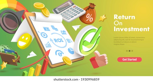 3D Vector Conceptual Illustration of Return on Investment, ROI, Digital Marketing and Financial Analysis.