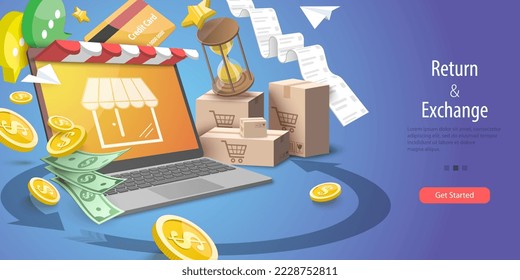 3D Vector Conceptual Illustration of Return And Exchange, Purchase Refunding Online Service