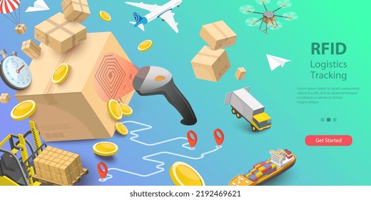 3D-Vektorkonzeptuelle Illustration der RFID Logistics Tracking, Tags mit elektronisch gespeicherten Informationen