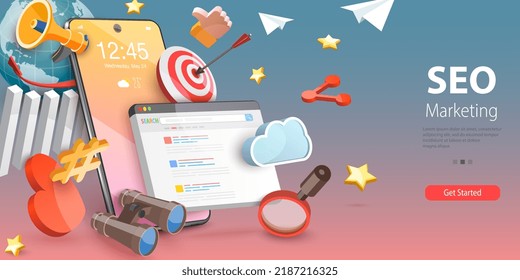 3D Vector Conceptual Illustration of SEO Marketing Strategy, Digital Campaign