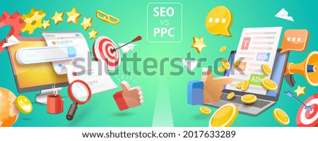 3D Vector Conceptual Illustration of SEO Vs PPC, Comparison Pay Per Click and Search Engine Optimization Marketing