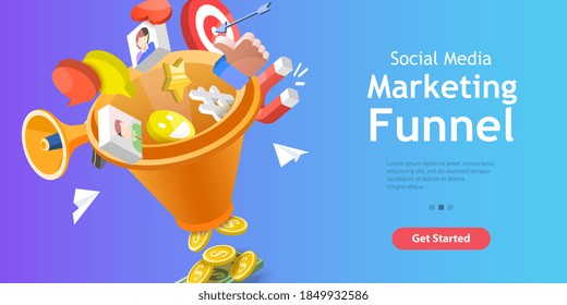 3D Vector Conceptual Illustration of Social Media Marketing Funnel, Lead Generation Strategy.