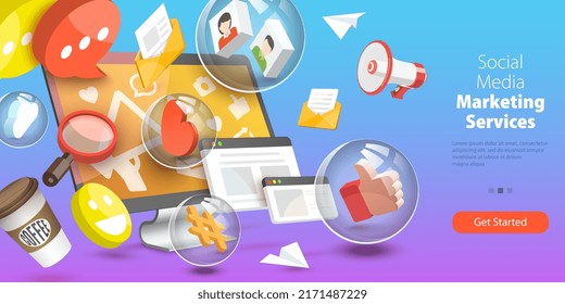 3D Vector Conceptual Illustration of Social Media Marketing Services, Digital Promo Campaign