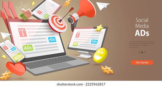 3D Vector Conceptual Illustration of Social Media ADs, Digital Retargeting Campaign