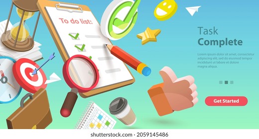 3D Vector Conceptual Illustration of Task Complete, Successful Completion of Business Assignments