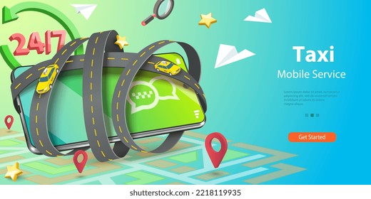 3D Vector Conceptual Illustration of Taxi Mobile Service, Yellow Cab Online Ordering