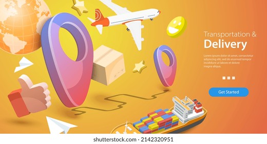 3D Vector Conceptual Illustration of Transportation And Delivery, Global Package Tracking Service