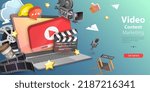 3D Vector Conceptual Illustration of Video Content Marketing, Online Multimedia Advertising