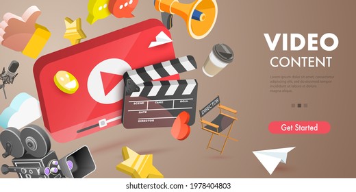 3D Vector Conceptual Illustration of Video Content Creating, Digital Video Advertising and Media Marketing