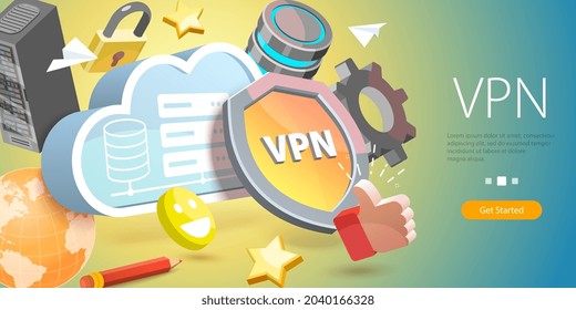 3D Vector Conceptual Illustration of VPN - Virtual Private Network, Secure Network Connection and Privacy Protection