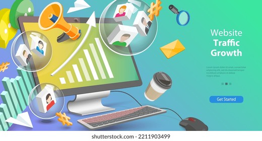 3D Vector Conceptual Illustration of Website Traffic Growth, SEO Boost, Search Engine Optimization