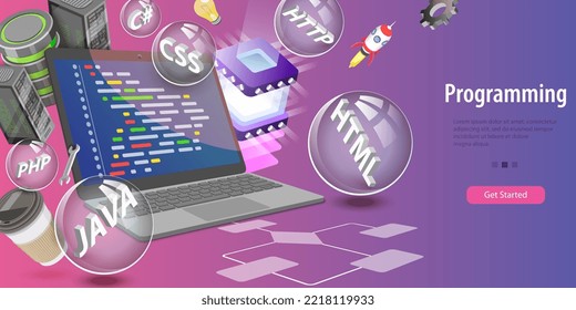 3D Vector Conceptual Illustration of Website Programming and Coding, Software Development