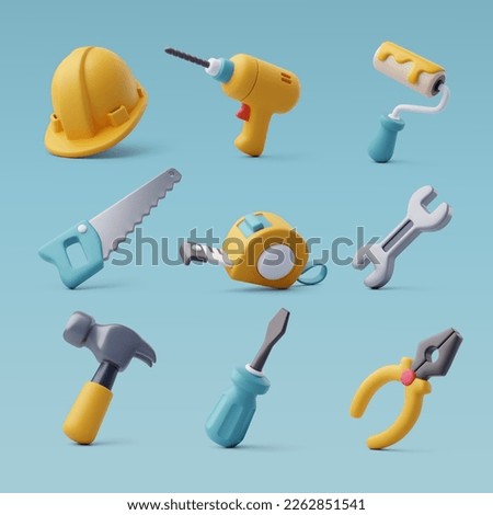3d Vector of Construction tools icon set, industrial and worker equipment. Eps 10 Vector. Foto d'archivio © 