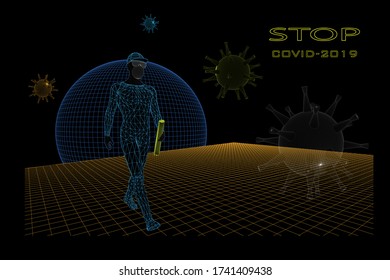 3D vector contour. The messenger carries recommendations for fighting the pandemic. Stop the coronavirus