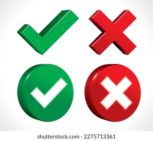 3D vector Correct check mark and Wrong cross mark, yes or no icons set 