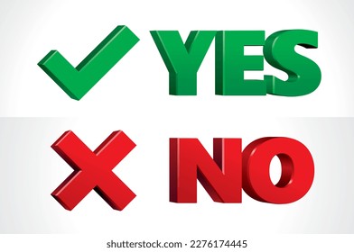 3D vector Correct check mark and Wrong cross mark, yes or no icons set 