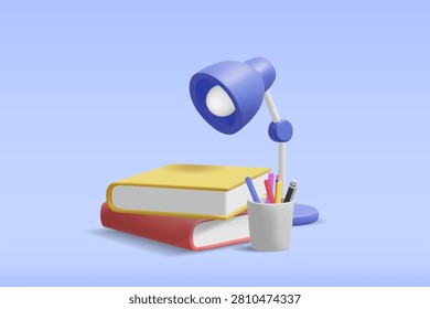 3d vector cozy study workspace setup with blue desk lamp, stack of books and white pencil holder filled with school stationery (Non-AI: 3D Render Ref - Manual Vector)