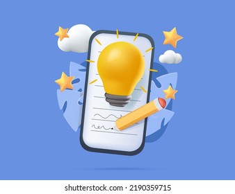 3D vector creative business ideas in smartphone. Making idea notes, brainstorm. Online calendar planner, schedule