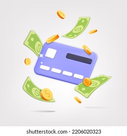 3d vector credit card with gold money coins and green dollar currency banner design. Online payment and shopping financial security  protection concept. Banking, transaction paying.