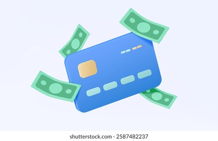 3d vector Credit or Debit card with banknotes floating on Pastel background. Online pay money cash back transfer Financial currency transactions system auto payments business investing illustration