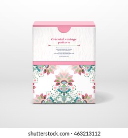 3D vector cubic box template. Square oriental traditional pattern. Wooden texture and strokes on backdrop. Hand drawing. Place for your text.