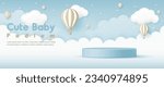 3D Vector Cute baby product display cylinder stand podium banner. Air balloon in the blue sky background for infant store, online shop, kid clothes toy, fashion discount promotion sale, social media.
