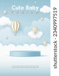 3D Vector Cute baby product display cylinder stand podium banner. Air balloon in the blue sky background for infant store, online shop, kid clothes toy, fashion discount promotion sale, social media.