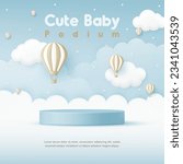 3D Vector Cute baby product display cylinder stand podium banner. Air balloon in the blue sky background for infant store, online shop, kid clothes toy, fashion discount promotion sale, social media.