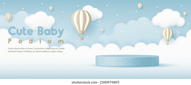 3D Vector Cute baby product display cylinder stand podium banner. Air balloon in the blue sky background for infant store, online shop, kid clothes toy, fashion discount promotion sale, social media.