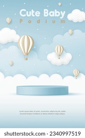 3D Vector Cute baby product display cylinder stand podium banner. Air balloon in the blue sky background for infant store, online shop, kid clothes toy, fashion discount promotion sale, social media.