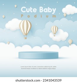 3D Vector Cute baby product display cylinder stand podium banner. Air balloon in the blue sky background for infant store, online shop, kid clothes toy, fashion discount promotion sale, social media.