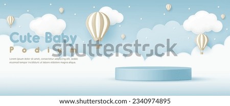 3D Vector Cute baby product display cylinder stand podium banner. Air balloon in the blue sky background for infant store, online shop, kid clothes toy, fashion discount promotion sale, social media.