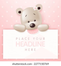 Vector 3D con muñeca de oso de peluche lindo con cartel vacío en blanco sobre fondo rosa de punto de polka para tarjeta de felicitación de cumpleaños, medios sociales. Lugar de texto, cartel de chica.